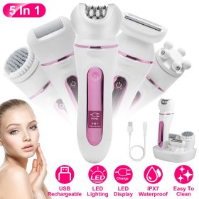 5 In 1 Electric Body Epilator Rechargeable Women's Grooming Kit Epilator Shaver Facial Brush Callus Remover 5-Point Massager with LED Light LED D