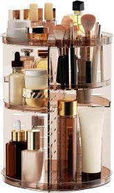 Rotating Makeup Organizer Countertop, DIY Adjustable Trays Spinning Skincare Organizers, Cosmetic Display Shelf with Perfume Brush Holder