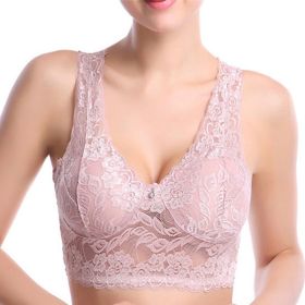Lace Deep V Bra;  Wireless Bralette for Women (Color: pink, size: L)